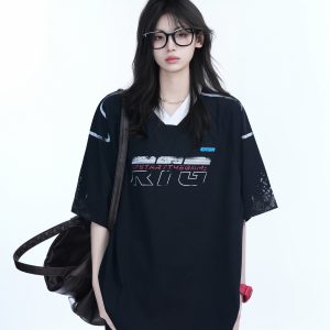 Oversized V-Neck Short Sleeve T-Shirt for Women - American Street Style with 