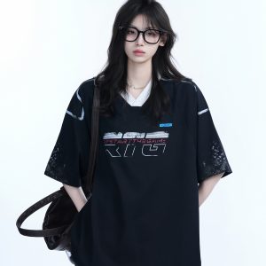 Oversized V-Neck Short Sleeve T-Shirt for Women - American Street Style with 