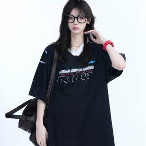 Oversized V-Neck Short Sleeve T-Shirt for Women - American Street Style with 