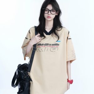 Oversized V-Neck Short Sleeve T-Shirt for Women - American Street Style with 
