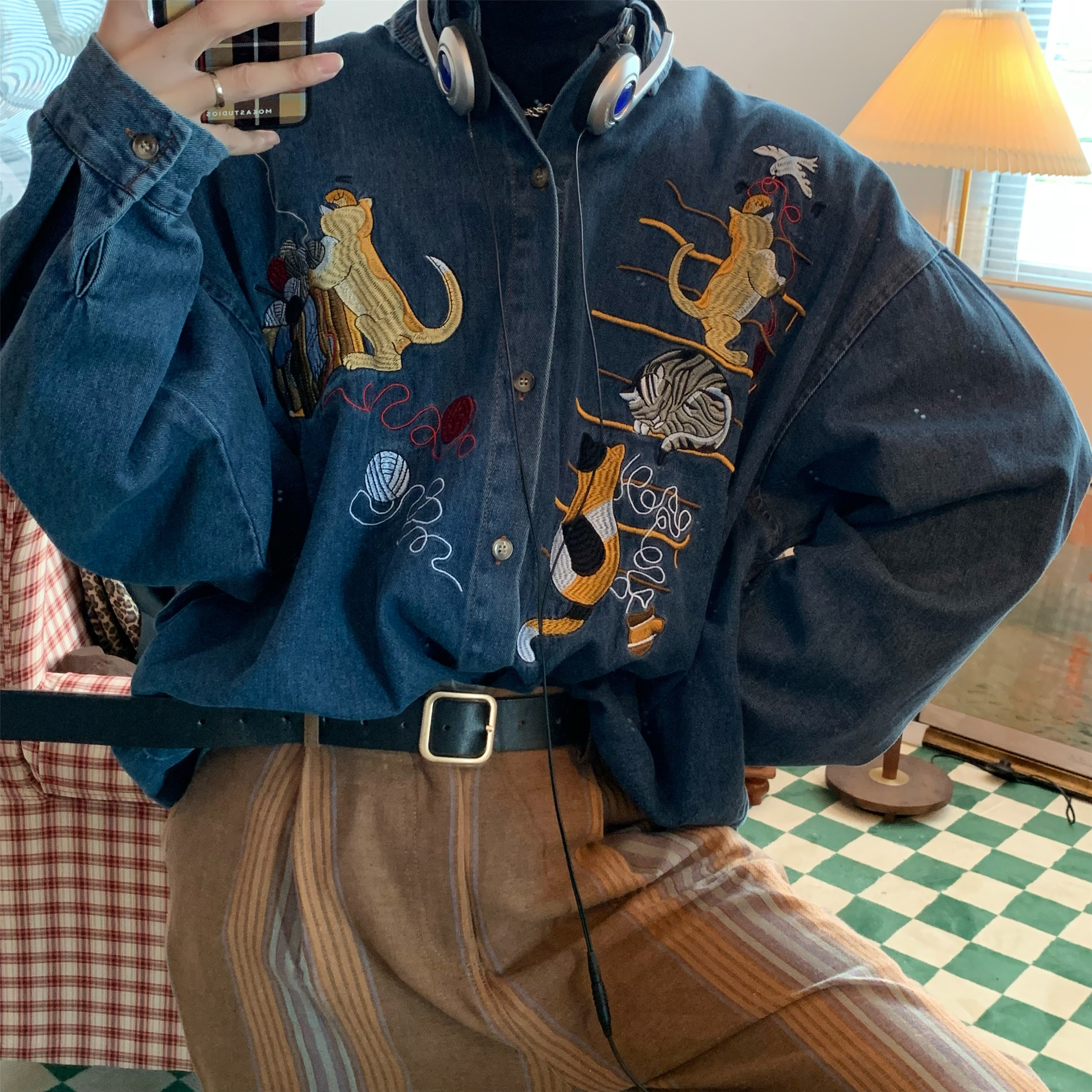 Oversized Vintage Denim Jacket with Cat Embroidery - Autumn 90s Style Fashion Outerwear