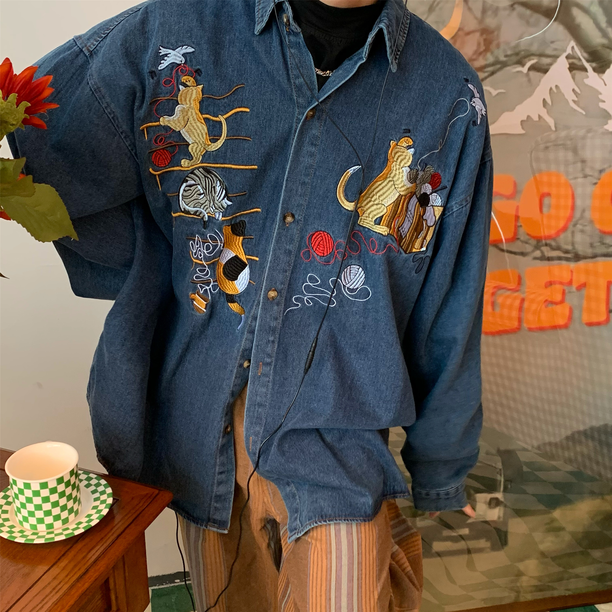 Oversized Vintage Denim Jacket with Cat Embroidery - Autumn 90s Style Fashion Outerwear