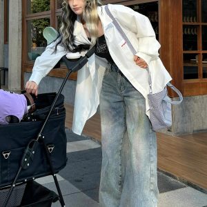 Oversized White Casual Shirt Jacket for Women - Spring Sun Protection, American Street Style, Loose Fit, Lazy Style Fashion Top