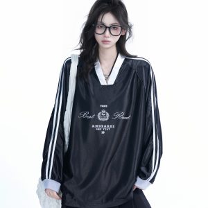 Oversized Women's Color-Blocking Satin Jersey T-Shirt - American Sports Style V-Neck Long Sleeve Trendy Top