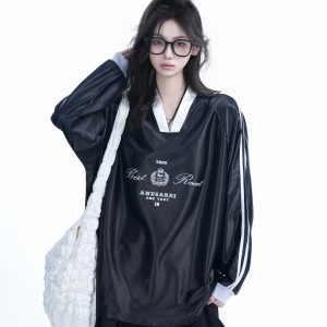 Oversized Women's Color-Blocking Satin Jersey T-Shirt - American Sports Style V-Neck Long Sleeve Trendy Top