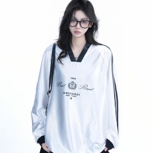 Oversized Women's Color-Blocking Satin Jersey T-Shirt - American Sports Style V-Neck Long Sleeve Trendy Top