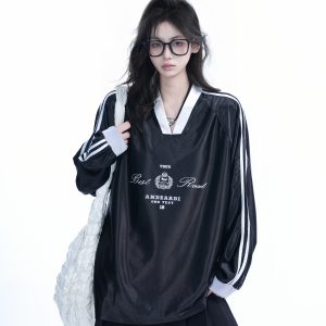 Oversized Women's Color-Blocking Satin Jersey T-Shirt - American Sports Style V-Neck Long Sleeve Trendy Top