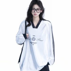 Oversized Women's Color-Blocking Satin Jersey T-Shirt - American Sports Style V-Neck Long Sleeve Trendy Top