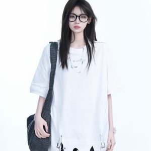 Oversized Women's Short Sleeve T-Shirt with American High Street Pin Design - Trendy Loose Fit, Casual Style for Everyday Wear