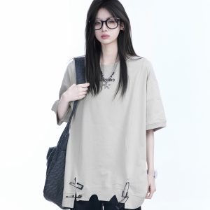 Oversized Women's Short Sleeve T-Shirt with American High Street Pin Design - Trendy Loose Fit, Casual Style for Everyday Wear