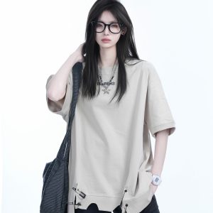 Oversized Women's Short Sleeve T-Shirt with American High Street Pin Design - Trendy Loose Fit, Casual Style for Everyday Wear