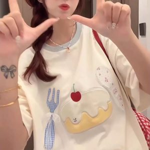 Patchwork Embroidered Cherry Cake Short Sleeve T-Shirt for Women - Summer 2025 Color-Blocked Trendy Top, Age-Reducing Style