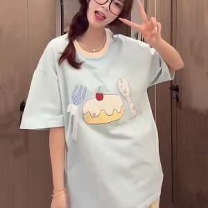 Patchwork Embroidered Cherry Cake Short Sleeve T-Shirt for Women - Summer 2025 Color-Blocked Trendy Top, Age-Reducing Style