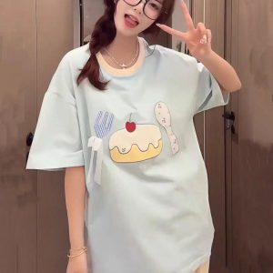 Patchwork Embroidered Cherry Cake Short Sleeve T-Shirt for Women - Summer 2025 Color-Blocked Trendy Top, Age-Reducing Style