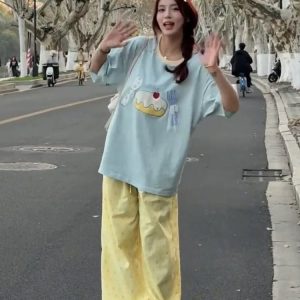 Patchwork Embroidered Cherry Cake Short Sleeve T-Shirt for Women - Summer 2025 Color-Blocked Trendy Top, Age-Reducing Style