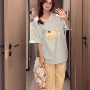 Patchwork Embroidered Cherry Cake Short Sleeve T-Shirt for Women - Summer 2025 Color-Blocked Trendy Top, Age-Reducing Style