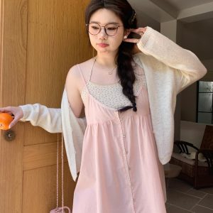 Peach Milk Polka Dot Halter Neck Camisole Dress - Sheer Layered Design, Cute Pink Color, Trendy Y2K Style