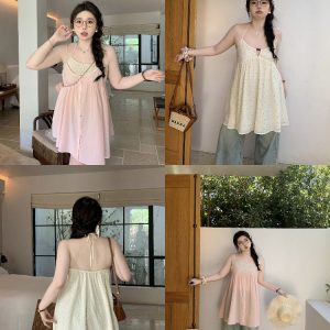 Peach Milk Polka Dot Halter Neck Camisole Dress - Sheer Layered Design, Cute Pink Color, Trendy Y2K Style