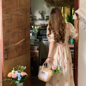 Peach Rose Retro Romantic Square Neck Dress with Puff Sleeves - Women's Summer Waist-Defined Lace Long Dress for 90s Y2K Style