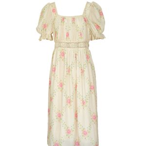 Peach Rose Retro Romantic Square Neck Dress with Puff Sleeves - Women's Summer Waist-Defined Lace Long Dress for 90s Y2K Style