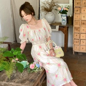 Peach Rose Retro Romantic Square Neck Dress with Puff Sleeves - Women's Summer Waist-Defined Lace Long Dress for 90s Y2K Style