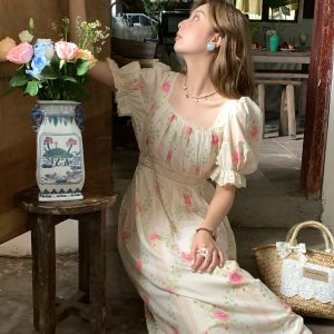Peach Rose Retro Romantic Square Neck Dress with Puff Sleeves - Women's Summer Waist-Defined Lace Long Dress for 90s Y2K Style
