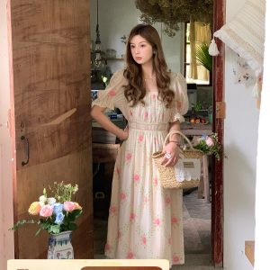 Peach Rose Retro Romantic Square Neck Dress with Puff Sleeves - Women's Summer Waist-Defined Lace Long Dress for 90s Y2K Style