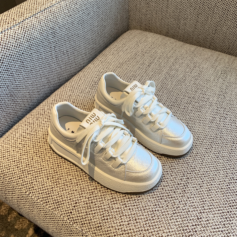 Pearl White Casual Sneakers for Women - 2025 Spring Versatile Lace-Up Height-Increasing Thick-Soled Little White Shoes