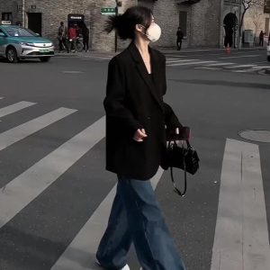 Petite Black Loose Casual Blazer Jacket for Women - 2025 Spring Autumn High-End Fashion Outerwear