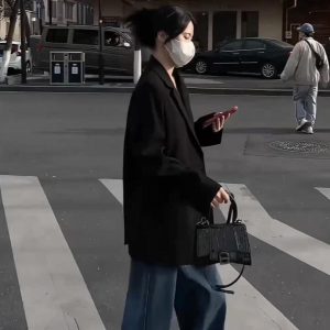 Petite Black Loose Casual Blazer Jacket for Women - 2025 Spring Autumn High-End Fashion Outerwear