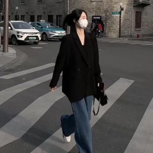 Petite Black Loose Casual Blazer Jacket for Women - 2025 Spring Autumn High-End Fashion Outerwear