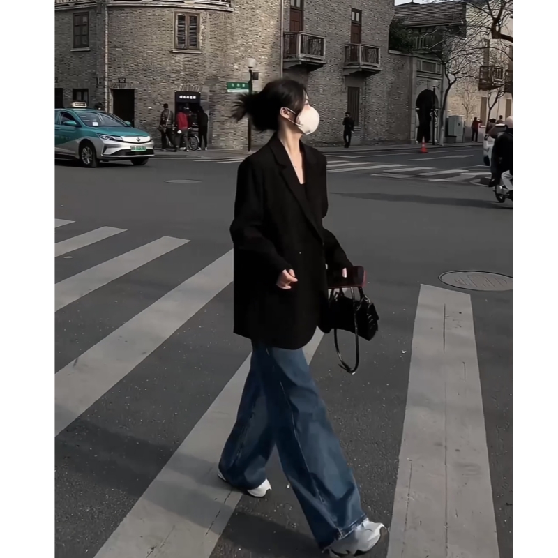 Petite Black Loose Casual Blazer Jacket for Women - 2025 Spring Autumn High-End Fashion Outerwear