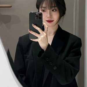 Petite Black Suit Jacket for Women - Trendy Slim Fit, Short Style, High-End Korean Fashion for Spring & Autumn 2025