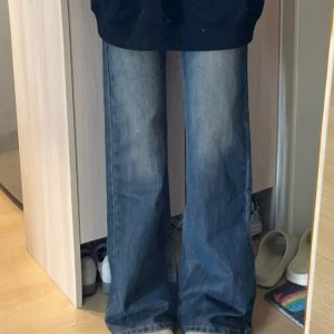 Petite Dark Blue Denim Pants for Women, Slightly Flared Loose Fit, 2025 New Style, Non-Skinny Straight Leg Trousers