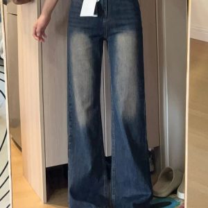 Petite Dark Blue Denim Pants for Women, Slightly Flared Loose Fit, 2025 New Style, Non-Skinny Straight Leg Trousers