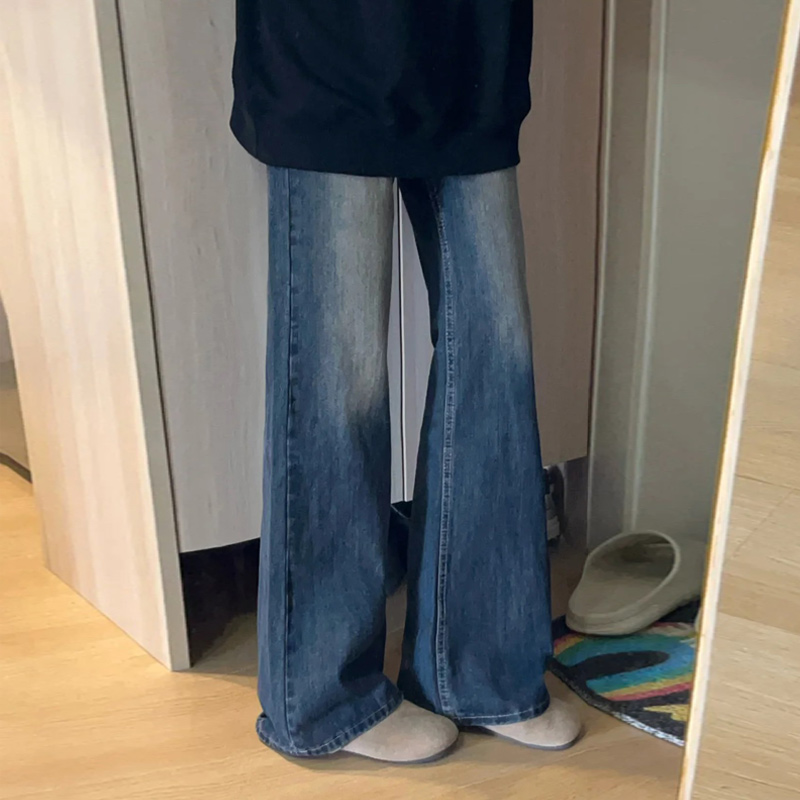 Petite Dark Blue Denim Pants for Women, Slightly Flared Loose Fit, 2025 New Style, Non-Skinny Straight Leg Trousers