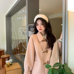 Petite Double-Sided Cashmere Wool Coat with Horn Buttons for Women - High-End Feel Autumn Winter 2024 Woolen Jacket