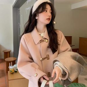 Petite Double-Sided Cashmere Wool Coat with Horn Buttons for Women - High-End Feel Autumn Winter 2024 Woolen Jacket