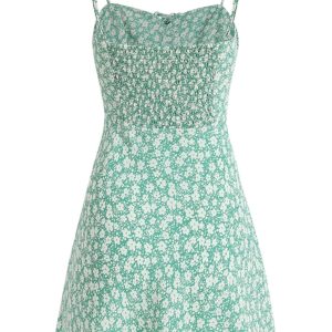 Petite Floral Green Summer Dress for Women - French Style Vacation Dress, Slimming Design for 2025