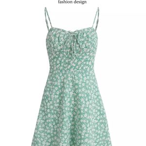 Petite Floral Green Summer Dress for Women - French Style Vacation Dress, Slimming Design for 2025