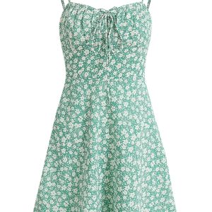 Petite Floral Green Summer Dress for Women - French Style Vacation Dress, Slimming Design for 2025