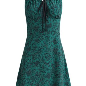 Petite French Vacation Dress for Summer 2025 - Green Spaghetti Strap Mini Dress with Prints - Trendy Floral Design