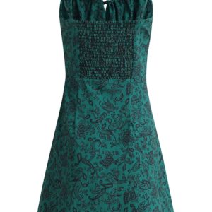 Petite French Vacation Dress for Summer 2025 - Green Spaghetti Strap Mini Dress with Prints - Trendy Floral Design