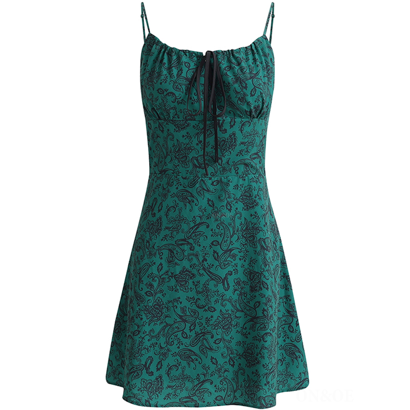Petite French Vacation Dress for Summer 2025 - Green Spaghetti Strap Mini Dress with Prints - Trendy Floral Design