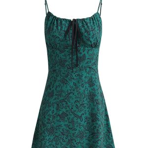 Petite French Vacation Dress for Summer 2025 - Green Spaghetti Strap Mini Dress with Prints - Trendy Floral Design