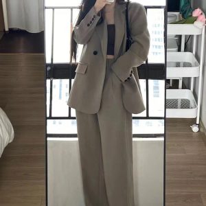 Petite Gray Suit Set for Women - Casual Blazer & Wide-Leg Pants, High-End Feel, Stylish 2025 Fashion