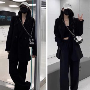 Petite Gray Suit Set for Women - Casual Blazer & Wide-Leg Pants, High-End Feel, Stylish 2025 Fashion