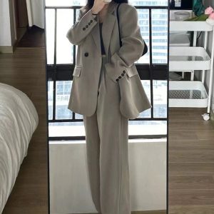 Petite Gray Suit Set for Women - Casual Blazer & Wide-Leg Pants, High-End Feel, Stylish 2025 Fashion