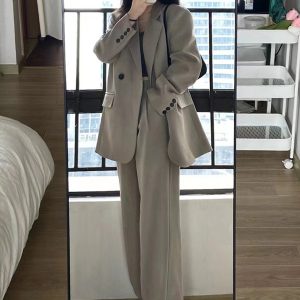 Petite Gray Suit Set for Women - Casual Blazer & Wide-Leg Pants, High-End Feel, Stylish 2025 Fashion