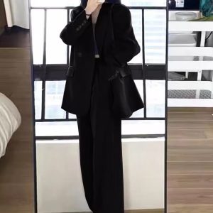 Petite Gray Suit Set for Women - Casual Blazer & Wide-Leg Pants, High-End Feel, Stylish 2025 Fashion